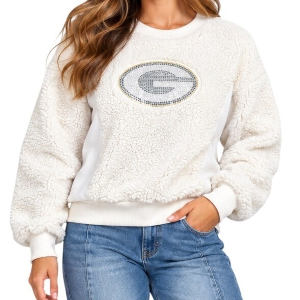 Touch Stadium Packers Rhinestone White Sherpa Fleece Crewneck Women's Large